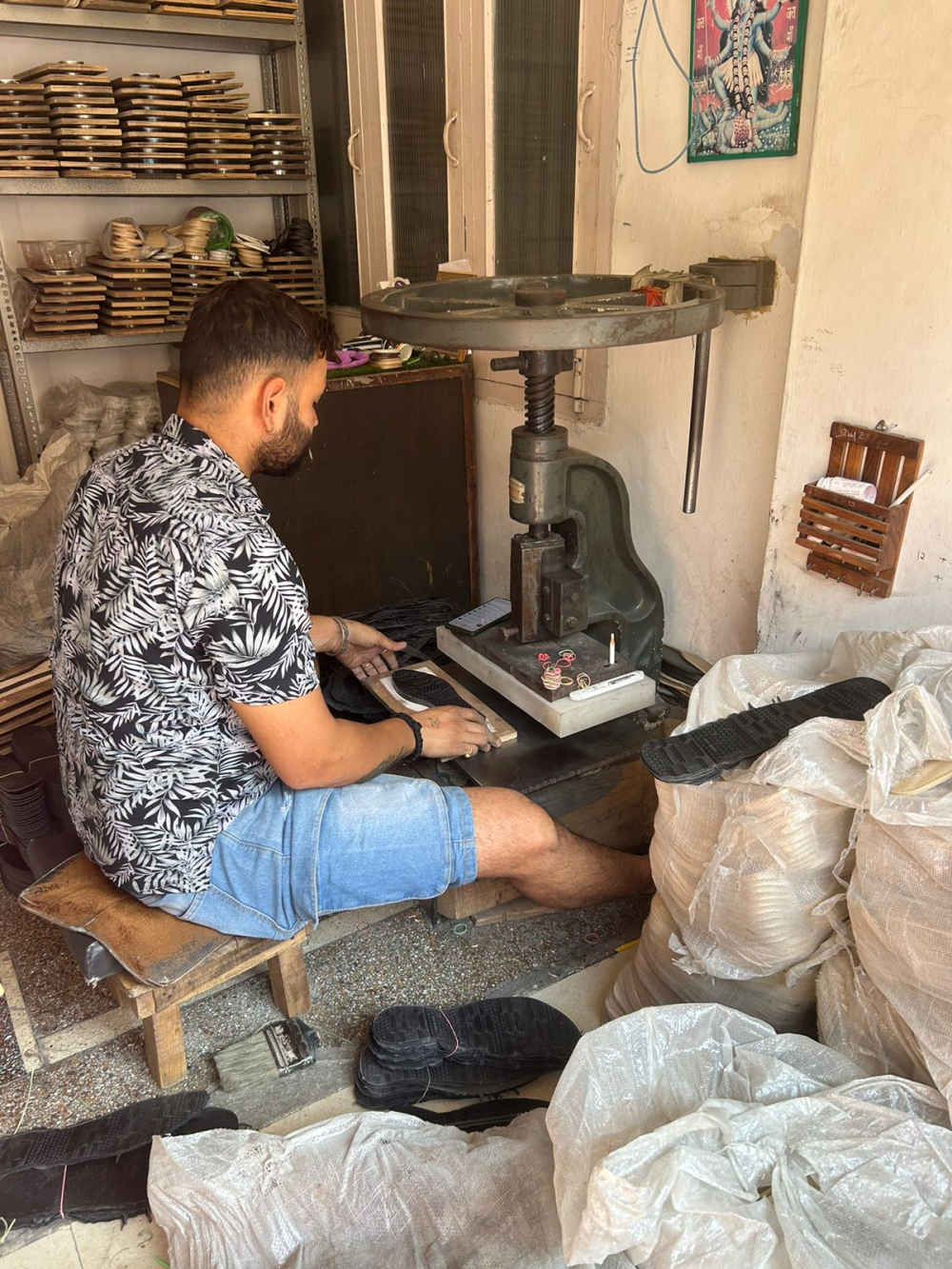 A more mechanised mode of production in Patiala. Stacks of identical jutti soles signal speed, repetition, and scale. (Picture Credits: Nandini Agarwal)