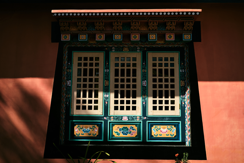 Carved and painted wooden windows at Enchey gompa, Gangtok. (Picture Credits: Abhishek Anil)