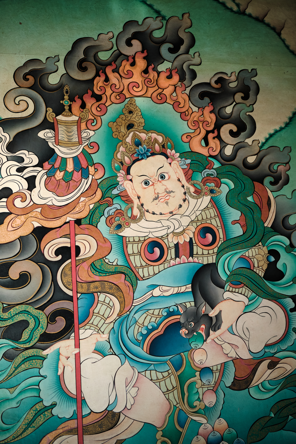 Mural of Jhambala, a deity of wealth and fortune, at the Enchey gompa. (Picture Credits: Abhishek Anil)