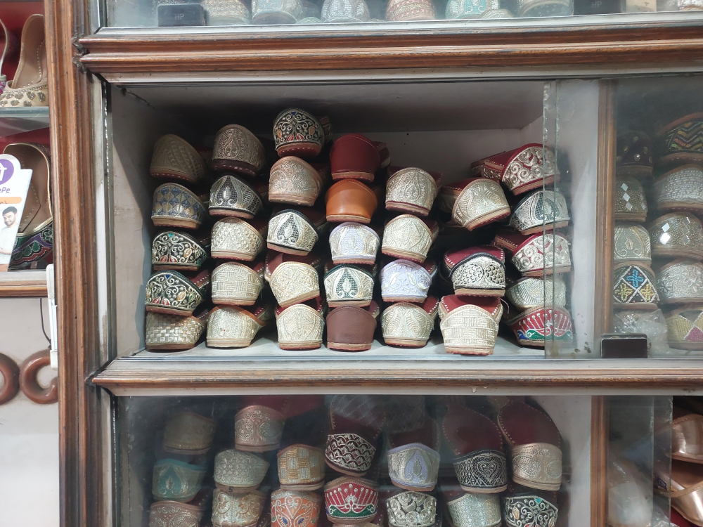 A display of hand-embroidered tille wali juttis at Maniran in Fazilka. (Picture Credits: Nandini Agarwal)