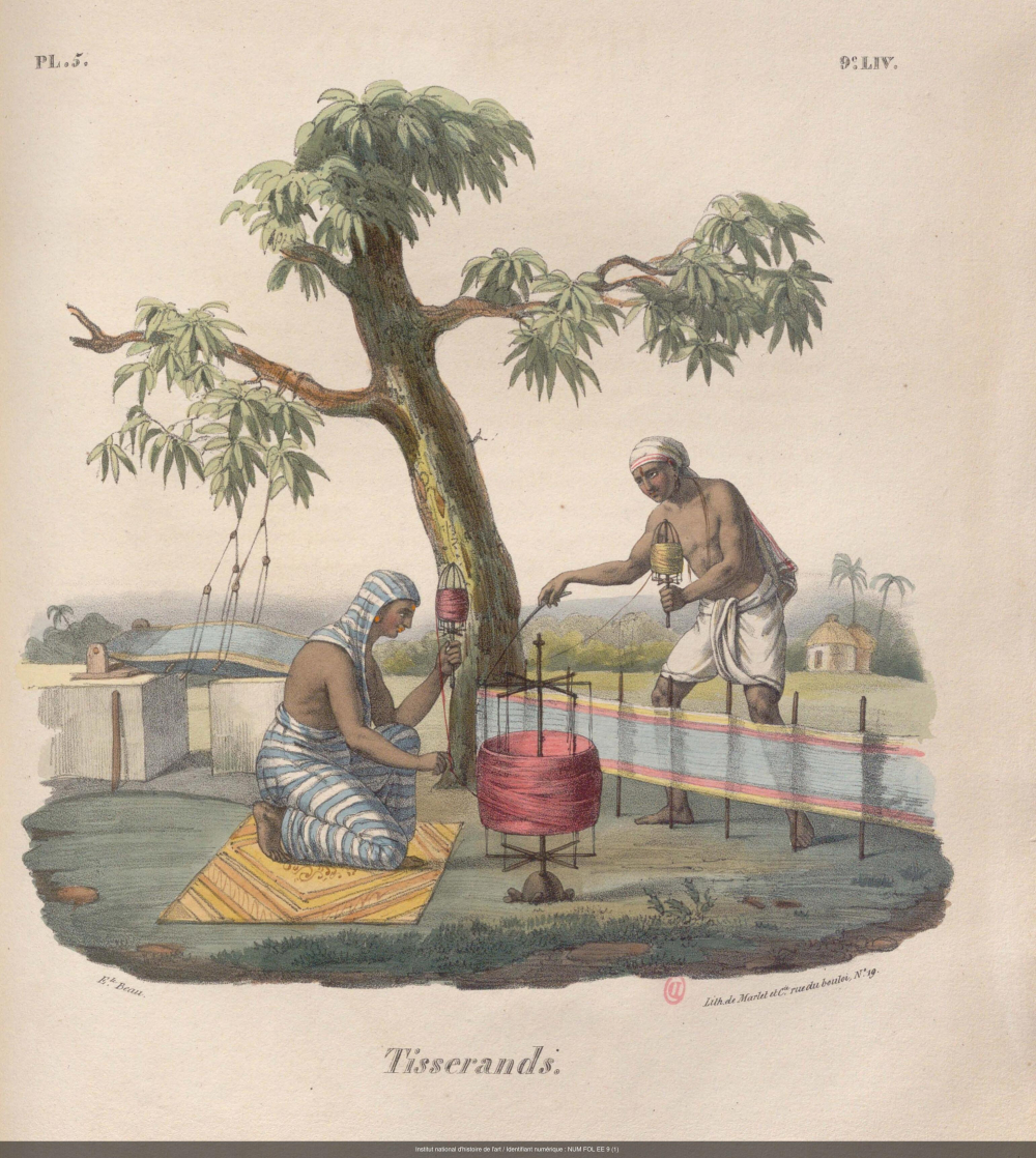 An image from a collection of lithographs depicting life in French India in the 19th century. The image shows a weaver preparing the warp, his wife spinning, and in the background the warp mounted and the loom suspended from a tree branch. Source:  French India, or collection of lithographed drawings representing divinities, temples, costumes [...]. Volume one, 1827. (Picture Courtesy: Caryatid, INHA digital library, NUM FOL EE 9 (1))