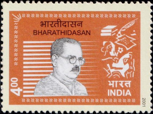 Stamp issued by the GoI commemorating the poet Bharathidasan. (Picture Courtesy: TIndia Post/Wikimedia Commons)