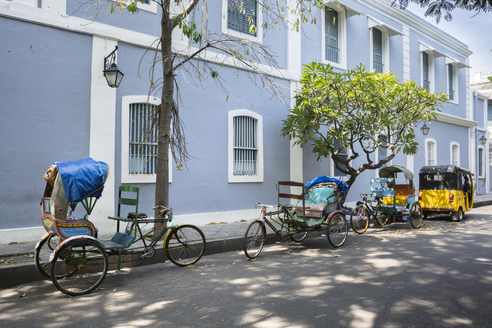 Street in the boulevard town with French architecture and Indian style rickshaws. (Picture Credits: Jubin Bannet)