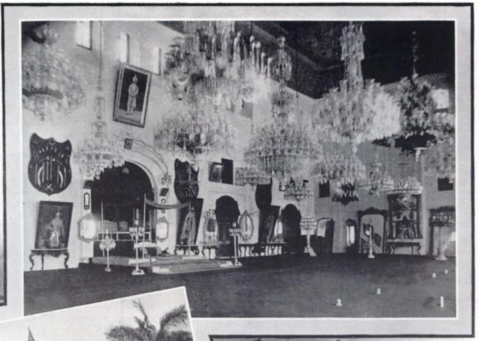 The interiors of the Durbar Hall featuring glass chandeliers and khatamband work on the ceiling, State, published in 'Indian States, A Biographical, Historical, and Administrative Survey' (1922). (Picture Courtesy: Wikimedia Commons)