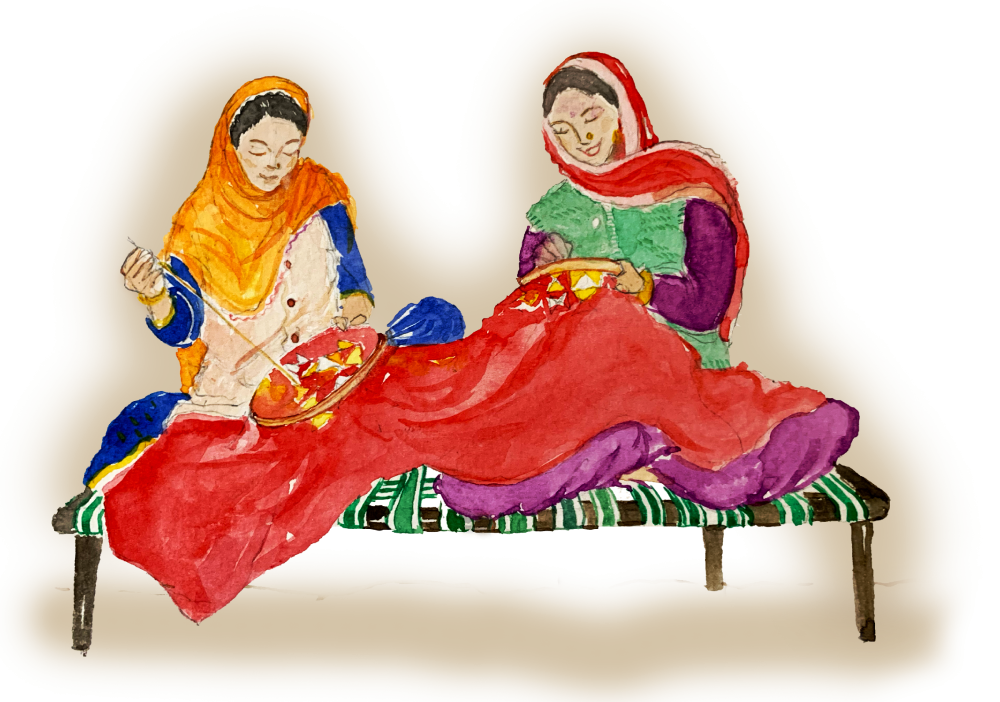 Women creating a phulkari piece. Illustration by Jisha Unnikrishnan. 
