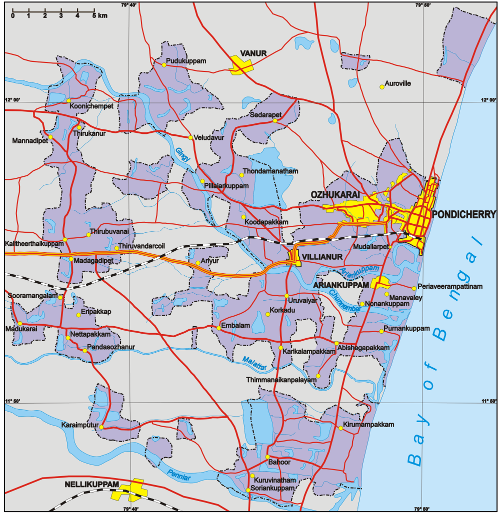 Map of the Puducherry District (areas in purple only), Union Territory of Puducherry. (Picture Courtesy: Aotearoa from Poland/ Wikimedia Commons)