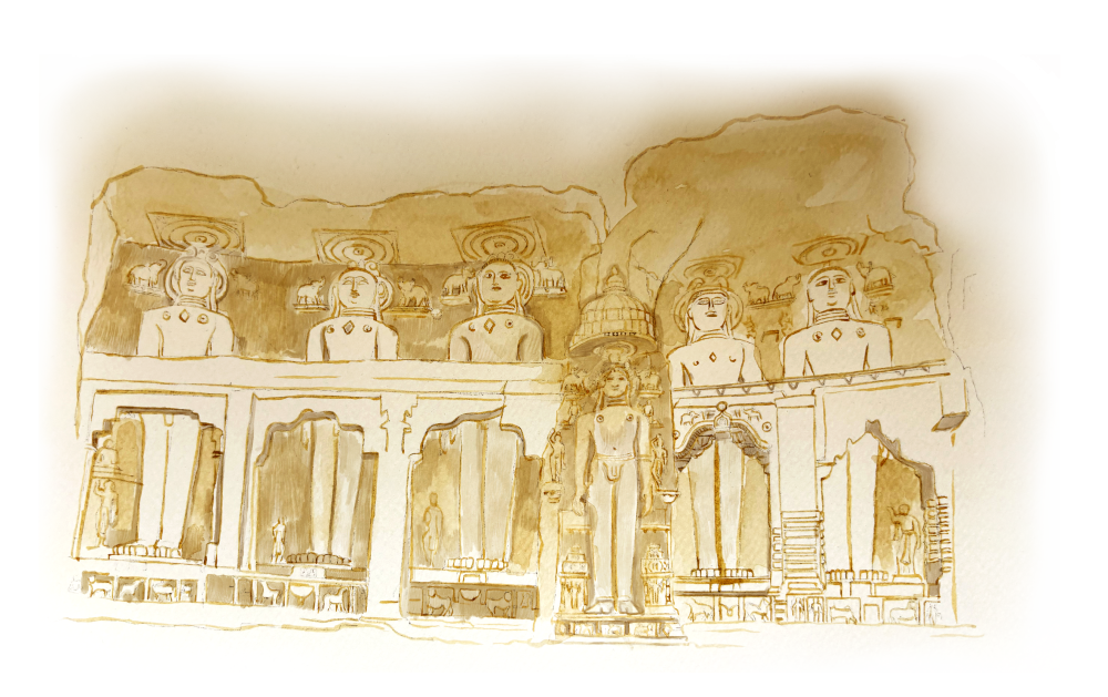 Jain Tirthankara sculptures carved into sandstone cliffs arranged in tiered niches with standing figures and shrines. (Illustration Credits: Jisha Unnikrishnan)