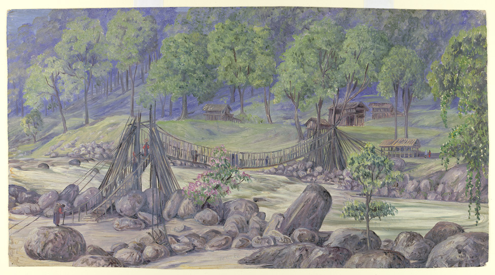Traditional cane bridge over Rangeet. (Picture Courtesy: Marianne North/Wikimedia Commons.)