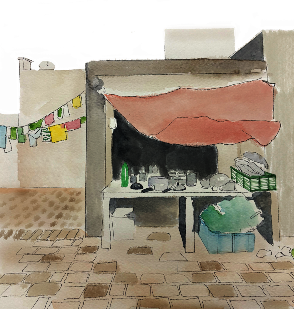 Lateral view of the few remaining original structures of the houses built in Tripuri Town in the 1950s. (Illustration Credits: Jisha Unnikrishnan) 