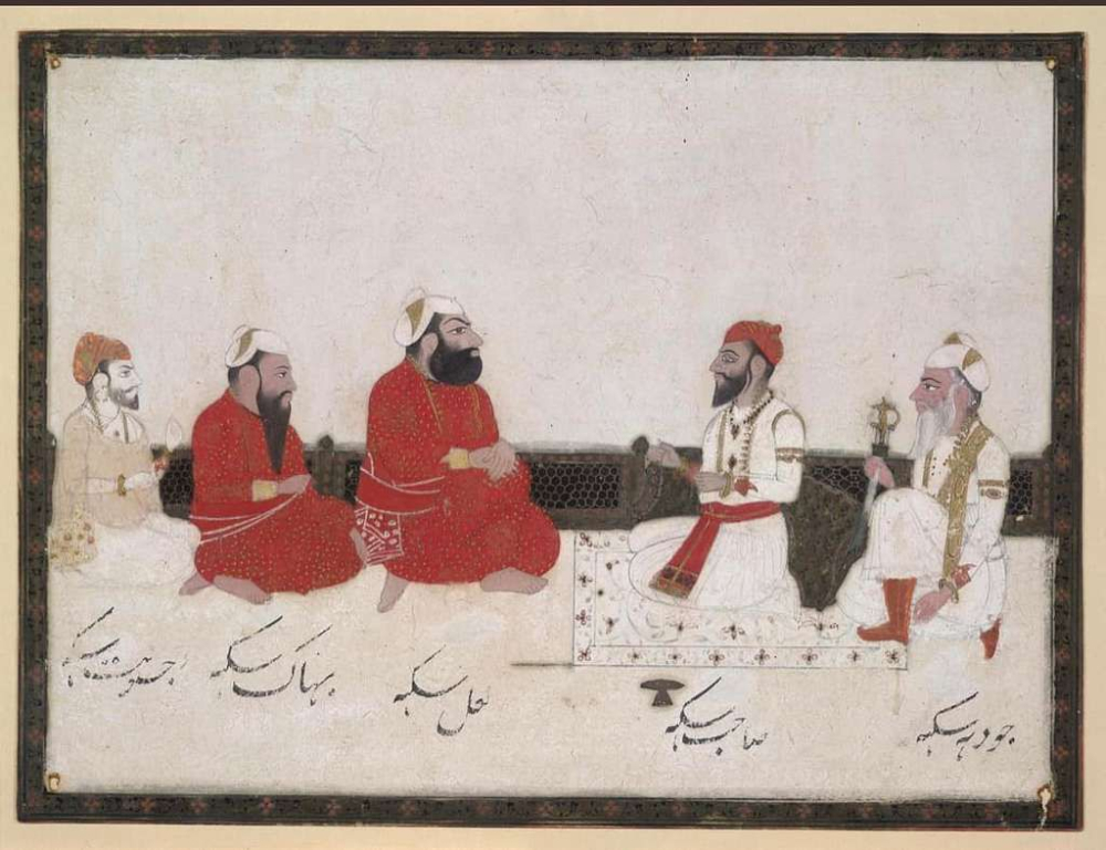 Painting depicting a meeting between Maharaja Sahib Singh of Patiala state, Sardar Jodh Singh of Kalsia state, Bhai Lal Singh of Kaithal State, Mehak Singh, and Raja Jaswant Rao Holkar, ca. 1850. (Picture Courtesy: British Museum/Wikimedia Commons)