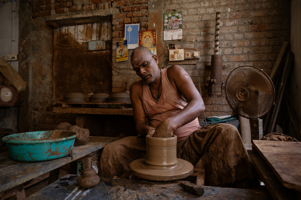 Potter Sadasivam at this workshop near Villianur. (Picture Credits: Joseph Rahul)