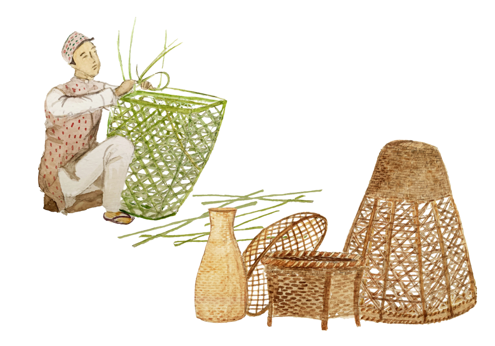 A man in Nepali clothing (daura-suruwal) weaving doko, a bamboo basket. (Illustration Credits: Jisha Unnikrishnan.)