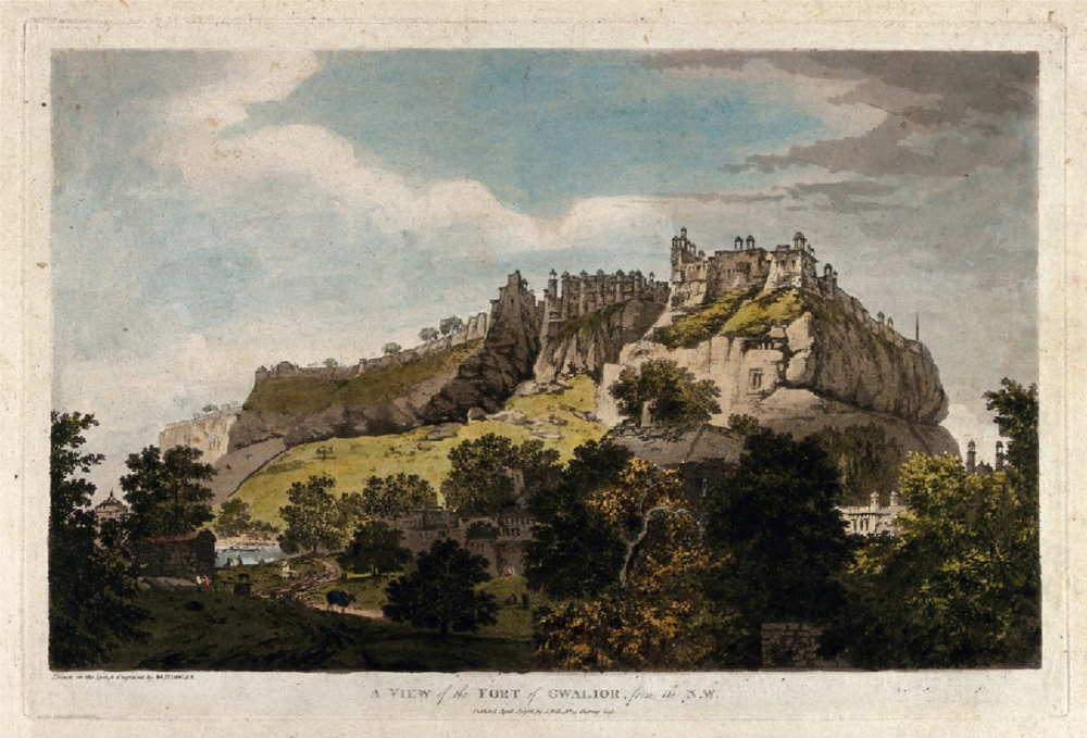Fort of Gwalior. Coloured etching by William Hodges, 1786. Picture Credits: Wellcome Collection/Wikimedia Commons.