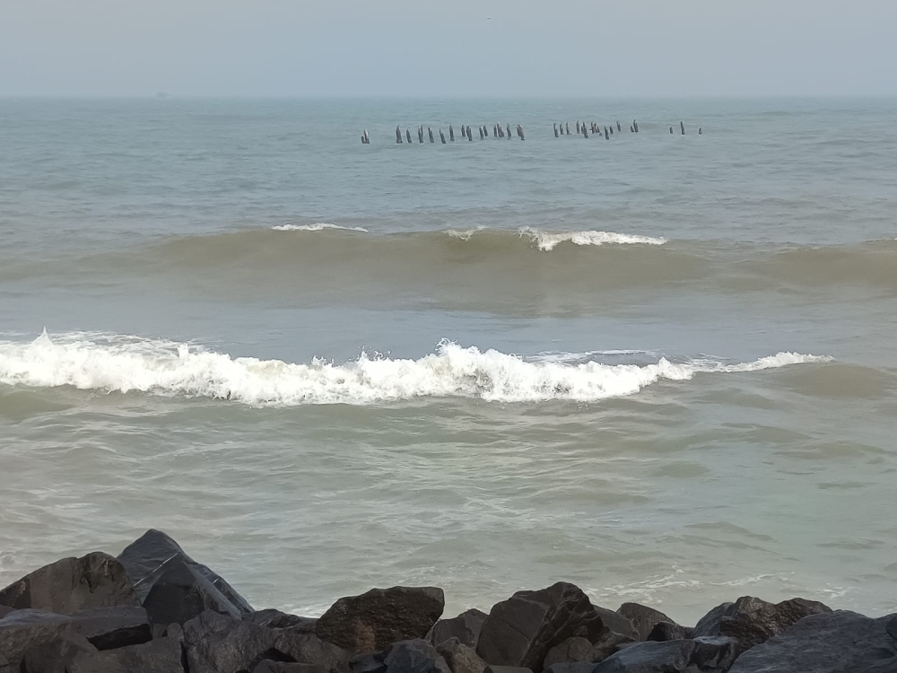 The piers still visible in the sea off the Puducherry Promenade where the old pier once stood. (Picture Credits: Aneesh Raghavan)