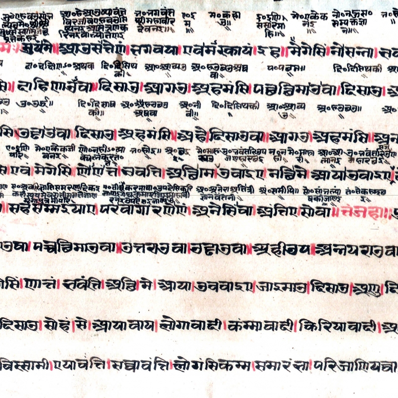 The canonical literature of the Svetambara Jains was composed in Ardhamagadhi Prakrit whereas the canonical literature of the Digambara Jains was composed in Shauraseni Prakrit. The Svetambara canon is further segregated into categories such as Anga, Upaanga, Aavashyaka, etc. This image shows a manuscript copy of the Achara-Anga Sutra, written in Prakit language, which enunciates the code of conduct for Jain monks (Courtesy: Bhogilal Leherchand Institute of Indology, New Delhi)
