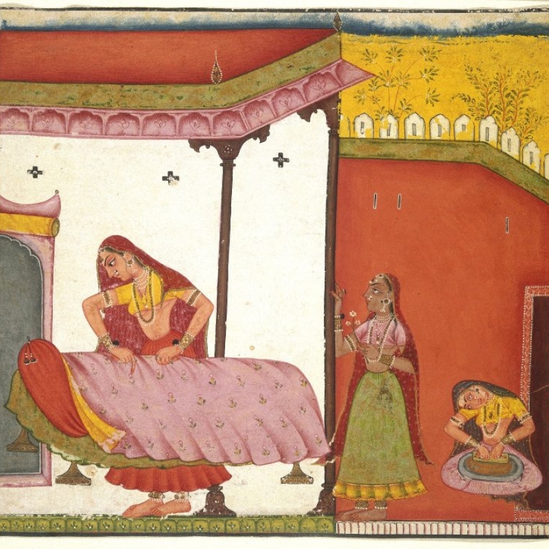 Vasaka Sajja Nayika, opaque watercolour on paper, 6.9 inches x 6.7 inches (from the online collection of the Brooklyn Museum)