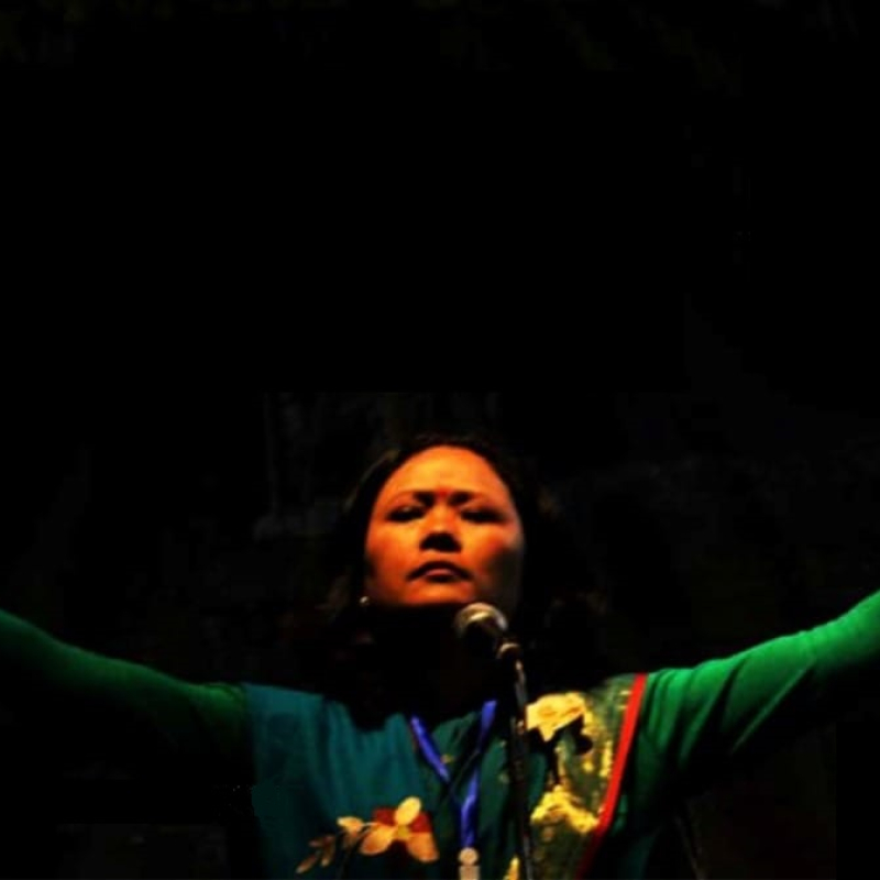 Pavitra Lama performing avisangi at International Nepali Women’s Literary Meet, Tadong, Gangtok, Sikkim, on April 6, 2018 (Courtesy: Nimesh Subba)