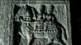 A sculpture from the Chandraprabha basadi at Jainamedu in Palakkad district. The sculpture depicted on the pillar represents a male and a female figure riding on a horse (Courtesy: Rajesh Karthy)