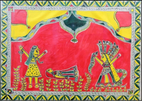 Portrayal of Goddess Parvati lying unconscious after getting bitten by Bishahari. (Courtesy: Soma Roy)