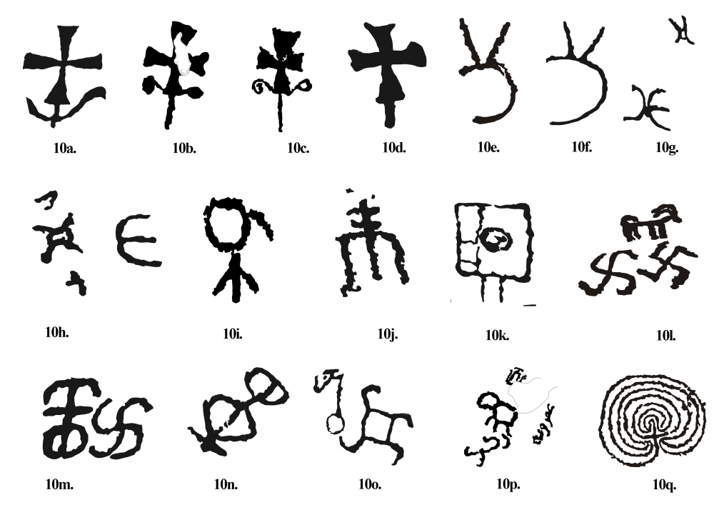 Fig. 10.(a–q) Signs and symbols on the main three boulders in the middle of the Tangtse village. The first four figures represent a Christian cross