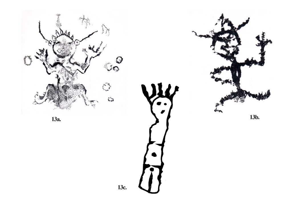 Fig. 13. (a–c) Anthropomorphic figures seen near Tangtse village, they are rare in their style