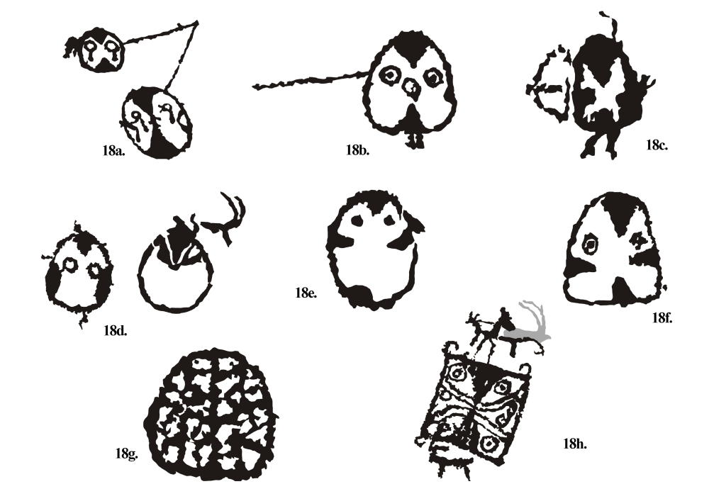 Fig. 18.(a–h) Some of the mask-like figures from Ensa site. The first few figures give a clue that the mask-like figures are associated with hunting