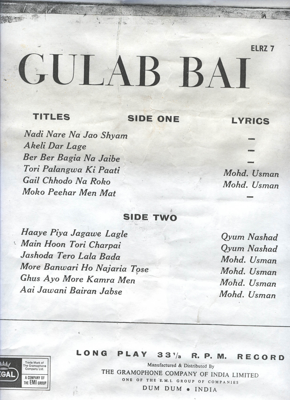 Fig. 2: Song list, on back jacket of Gulab Bai’s LP record; the first song, ‘Nadi Nare Na Jao Shyam’, was her best known, extremely popular number, which people would request her to sing well into old age (Courtesy: Deepti Priya Mehrotra).