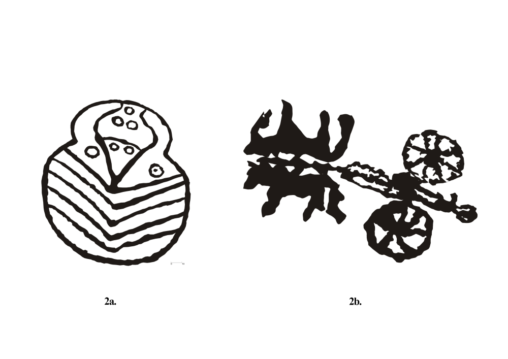 Fig. 2. (a-b). One of the two similar figures of a known sign from Shara site and the only representation of a chariot at Kharu site