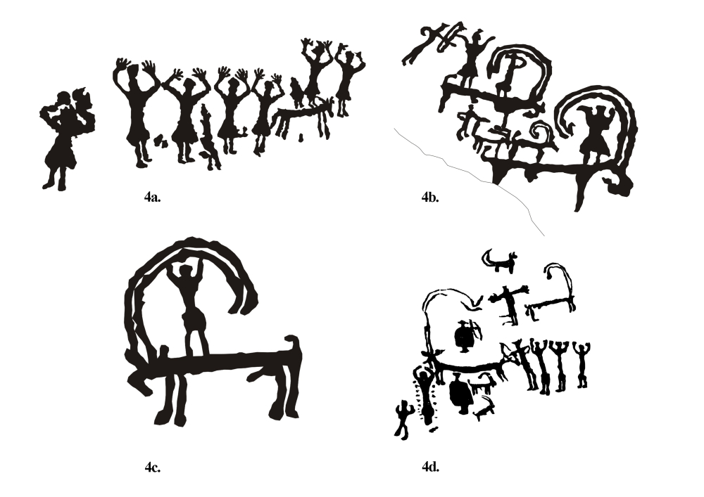 Fig. 4. (a–d) From a site between Skyubuchan and Achinathang, a rare human representation, including animal-human conflation figures; (d) figures from Skyurbuchan