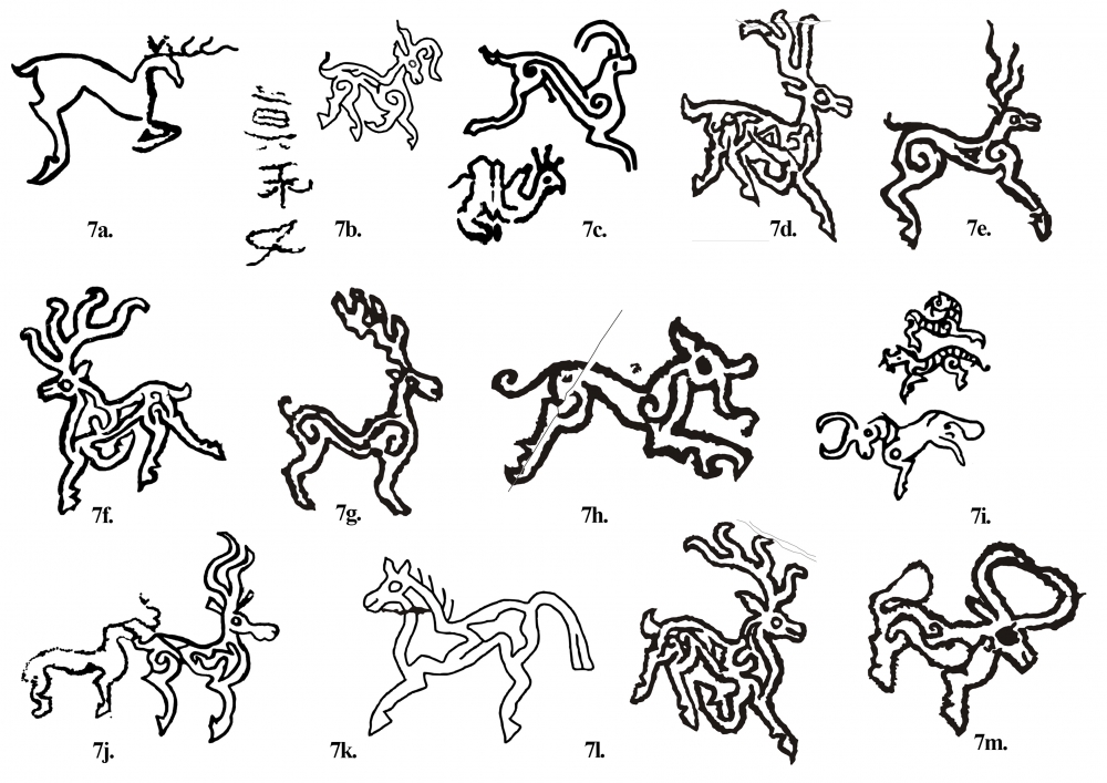 Fig. 7. (a–m) ‘Animal style’ figures at Domkhar Sanctuary representing deer, ibex, yak, horse and feline forms. The Chinese inscription with one of the figures (b) seems to be a later addition