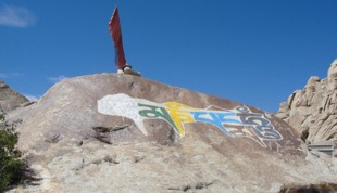 Fig. 9. One of the boulders with signs and symbols. This one is superimposed with engraved and painted Buddhist mantras, Tangtse Village (Courtesy: Tashi Ldawa Thsangspa, 2012)