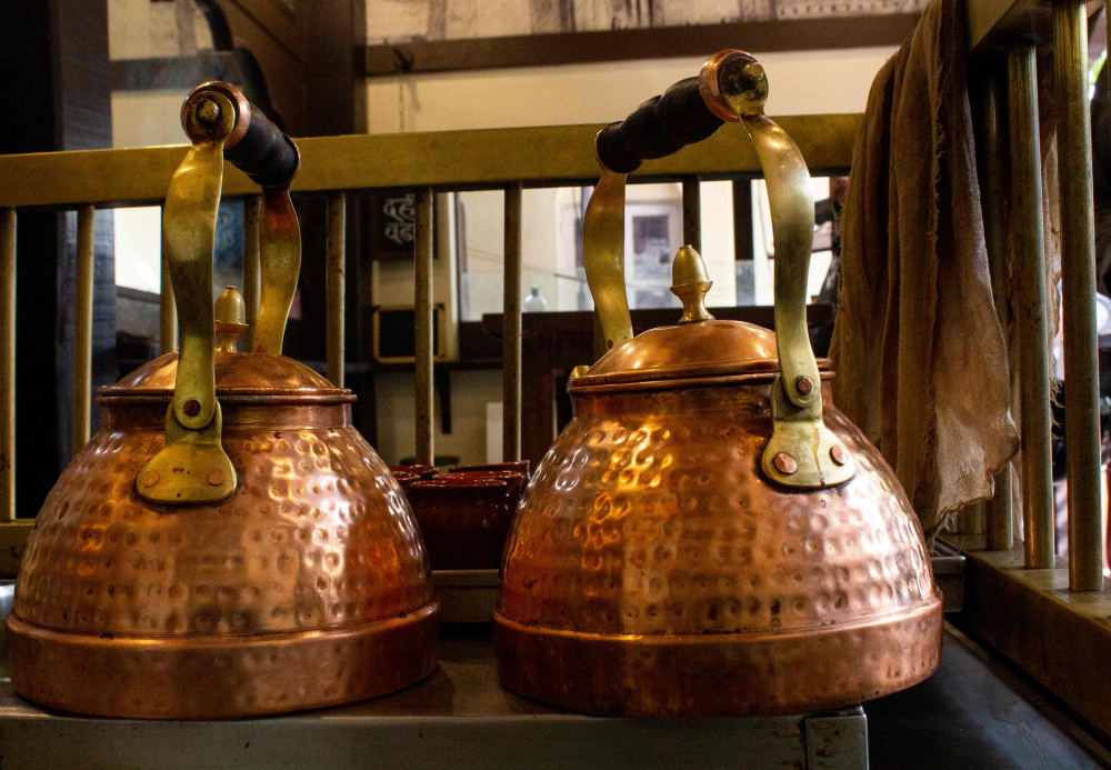 Copper vessels in which teas are brewed at Pune's amruttulyas, Courtesy: Sahapedia Pune Cultural Mapping Project 