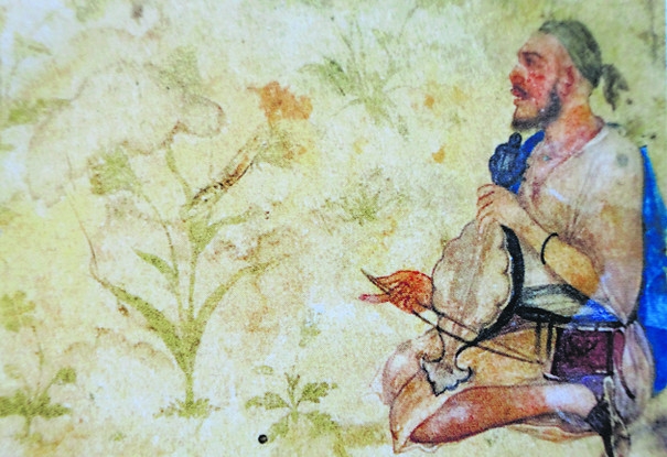A faqir playing on a stringed instrument  Figure from the margin of the Louvre painting 