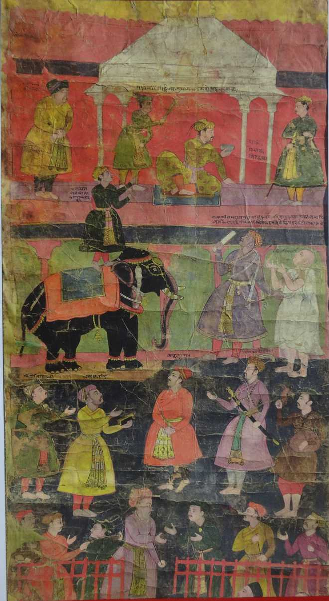 Detail from a Vijnaptipatra showing the Emperor Jahangir receiving a petition - By Ustad Salivahana - 1610 AD_LD Institute of Indology_The Tribune