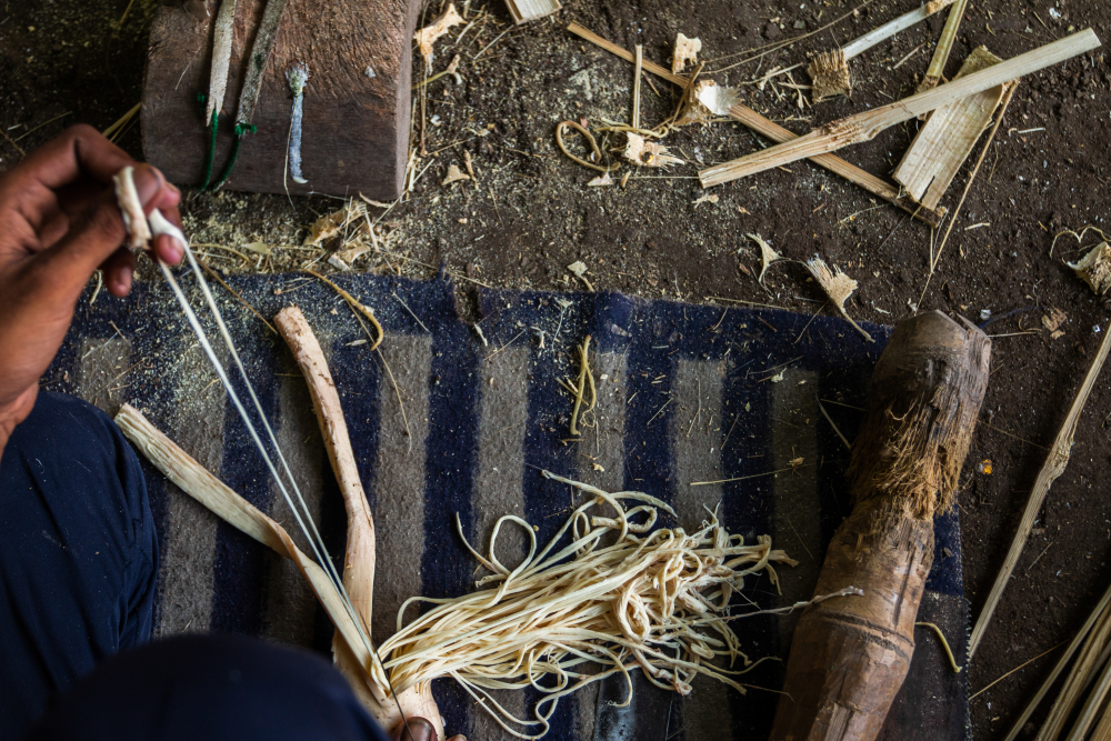 Fig. 2: A karigar cutting the pattha into fine strips for use in taziya making. Pattha is still the preferred binding material for the bamboo taziya makers in Lucknow 