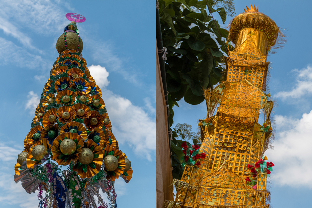 Fig. 10: A taziya resembling a Christmas tree in its shape and decoration (left) with a taziya made from plastic sheets that looks like a high tower 