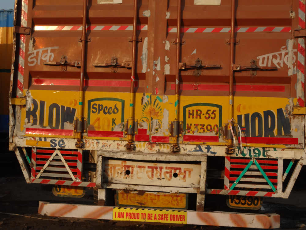 Fig. 4: Truck drivers take pride in following road safety regulations. Messages for safe driving on the back of trucks are a common occurrence. The message on this truck reads ‘I am proud to be a safe driver’. 