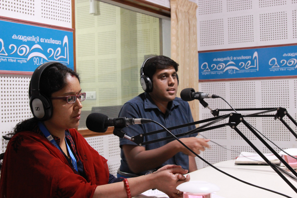 Fig. 7. A live phone-in programme with sub-collector N.S.K. Umesh at the Radio Mattoli studio. Community radio stations in India, connect trusted sources to their communities, helping people receive verified information (Courtesy: Radio Mattoli)