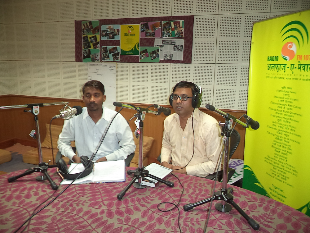 Fig. 8. Fakat Hussain, senior broadcaster with Alfaz-e-Mewat, in a live session with Dr Jitender, in charge of immunisation in Mewat. Community radio stations are important sources of information for the communities they cater to and work to ensure that they share localised information pertinent to their catchment communities from trusted source (Courtesy: Alfaz-e-Mewat)Fig 9: Fakat Hussain, senior broadcaster with Alfaz-e-Mewat, in a live session with Dr Jitender, in charge of immunisation in Mewat. Community radio stations are important sources of information for the communities they cater to and work to ensure that they share localised information pertinent to their catchment communities from trusted source (Courtesy: Alfaz-e-Mewat)