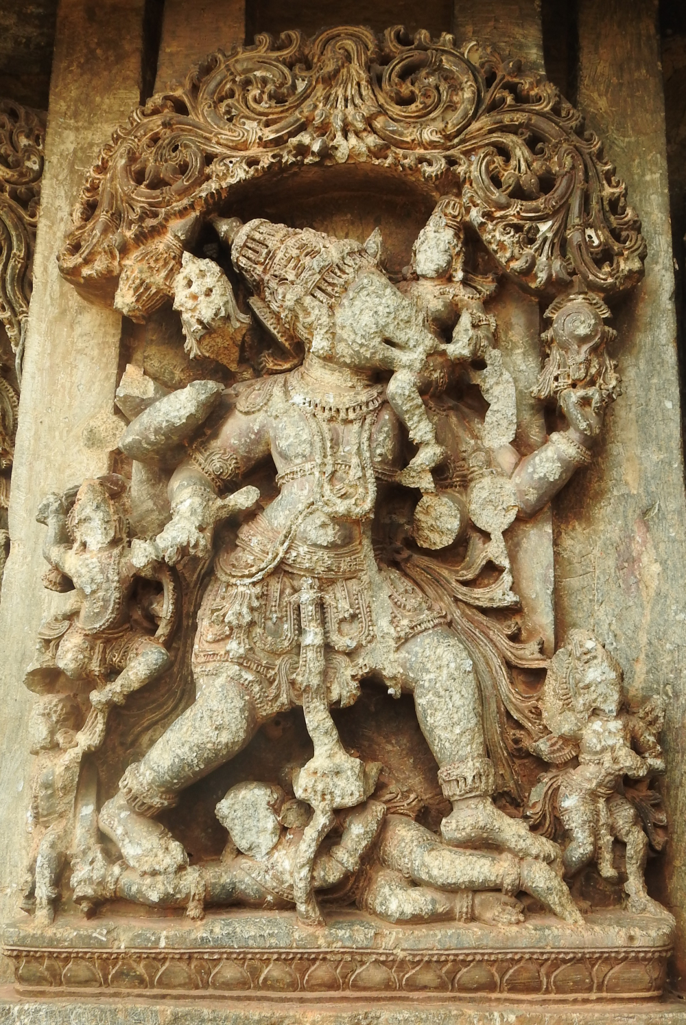 Fig. 11: The image of Bhuvaraha recovering Bhudevi from the depths of the ocean displayed on the jangha. Bhudevi is perched on the tusks of the Varaha while he is shown fighting with demon Hiranyaksha.