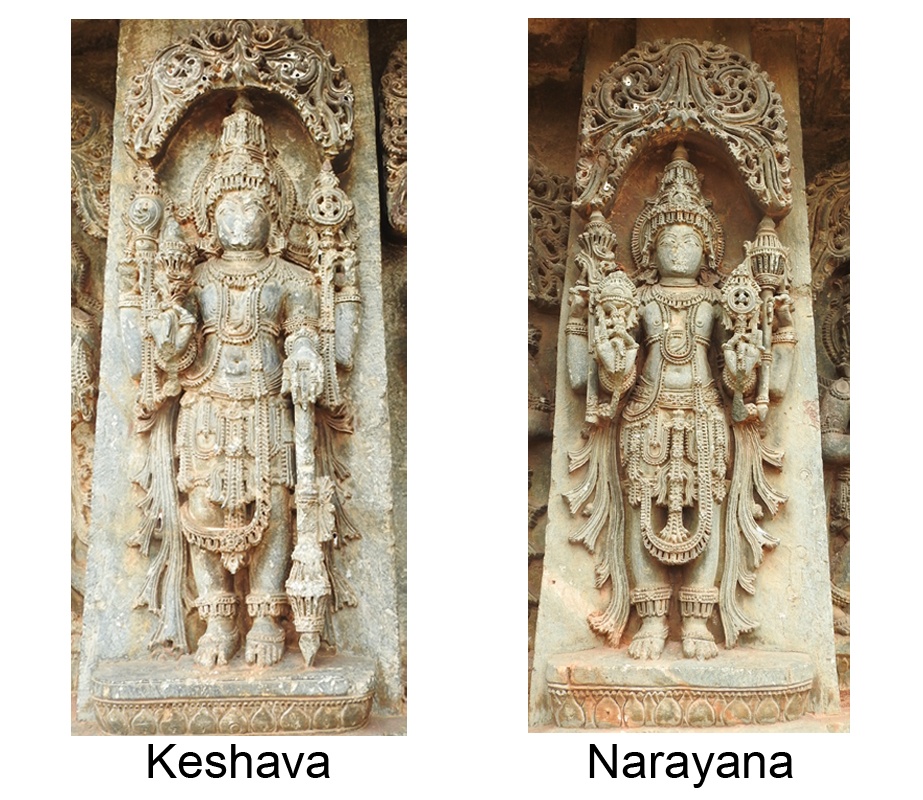 Fig. 4: Keshava is seen holding lotus in his lower right hand, conch in upper right hand, discus in upper left hand, and mace in lower left hand, while Narayana holds conch in his lower right hand, lotus in upper right hand, mace in upper left hand and discus in lower left hand. Keshava and Narayana are first and second form of the chaturvimshati murtis of Vishnu, and are seen on the jangha (wall frieze) of the temple