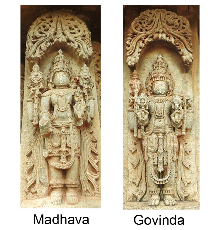 Fig. 5: Madhava and Govinda are third and fourth form of the chaturvimshati murtis of Vishnu. Madhava stands upright holding discus in his upper-right hand, conch in upper left hand, and lotus in lower left hand, while his lower right hand where he should have been holding a mace is broken. A well-ornamented sculpture of Govinda stands holding discus in his lower right hand, mace in upper right hand and conch in lower left hand, while his upper left hand which could have been holding a lotus is broken.