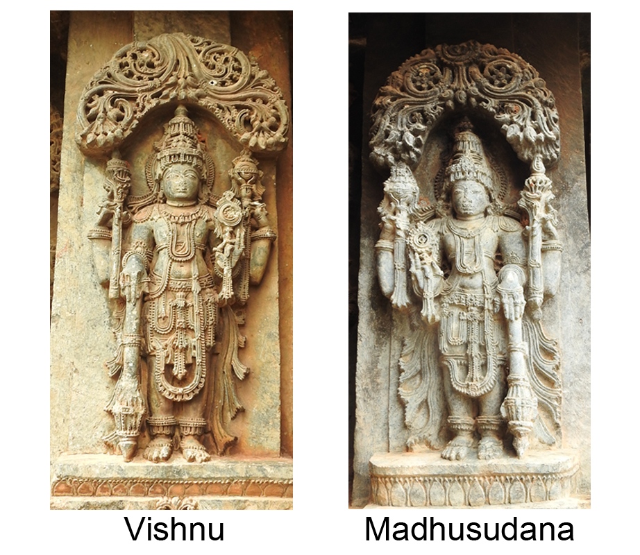 Fig. 6: A square-faced, well-ornamented Vishnu holding mace in lower right hand, lotus in upper right hand, conch in upper left hand and discus in lower left hand, while Madhusudana is holding discus in lower right hand, conch in upper right hand, lotus in upper left hand and mace in lower left hand. Vishnu and Madhusudana are the fifth and sixth form of the chaturvimshati murtis of Vishnu