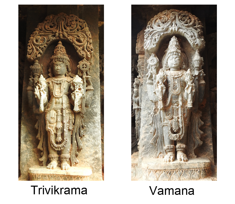 Fig. 7: A stout sculpture of Trivikrama holds lotus, mace, discus, and conch in lower right, upper right, upper left and lower left hands respectively. Attributes in Vamana’s hands mirror the attributes from Trivikrama’s hands. Trivikrama and Vamana are the seventh and eighth forms of chaturvimshati murtis. 