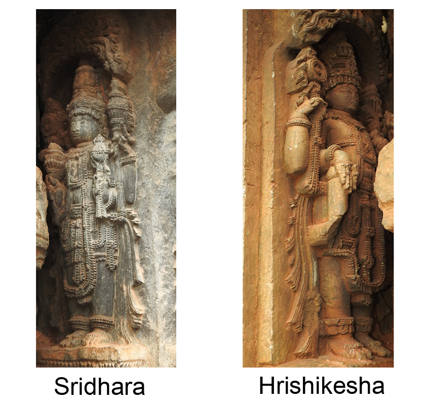 Fig. 8: Ninth and tenth forms of chaturvimshati murtis of Vishnu, Sridhara and Hrishikesha stand in the crammed niches of the outer wall of the temple. Sridhara holds lotus, discus, mace, and conch in his lower right, upper right, upper left, and lower left hands, respectively. A stocky sculpture of Hrishikesha holds discus in his upper right and lotus in upper left hand while the mace in his lower right hand is half broken and conch in his lower left hand is not visible due to the placement of the figure in the niche 