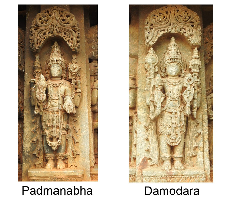 Fig. 9: Padmanabha, the eleventh form of the chaturvimshati murtis, holds conch, lotus, and discus in his lower right, upper right and upper left hand, while mace in his lower left hand is broken. The twelfth murti, Damodara holds lotus, conch, mace, and discus in his lower right, upper right, upper left and lower left hands, respectively.