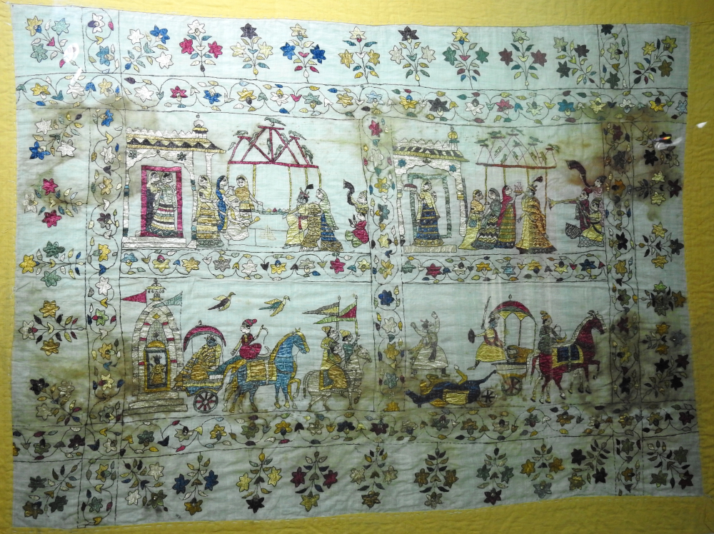 Fig. 4: Rukmini Haran, 1800, made on muslin, Himachal State Museum Collection. An old Chamba rumal depicting a scene from Krishna’s wedding, ‘Rukmini Haran’. The story of ‘Rukmini Haran’ is part of the Bhagavatpurana which was a very popular theme in Pahari painting as well