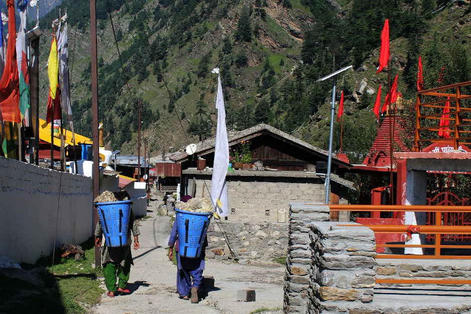 Fig. 2: The Lal Devta temple to the right and the Tibetan monastery to the left are representations of the Buddhist and Hindu religious influences in the village. The people of the village follow the rituals of both the religions in their daily practices