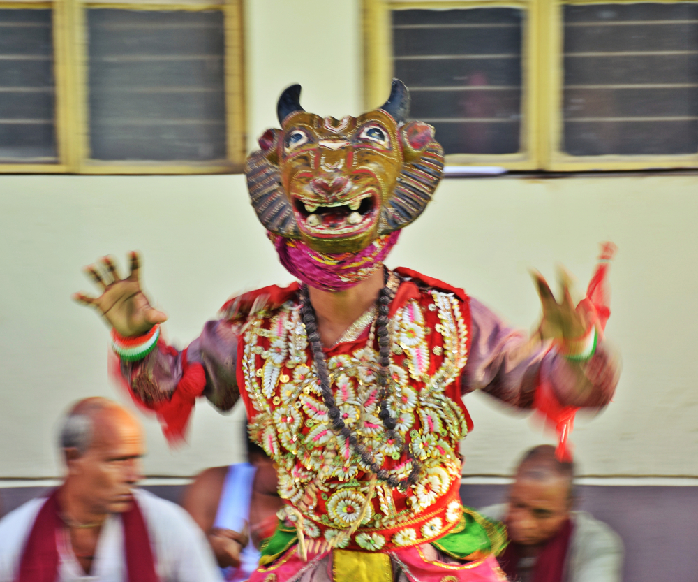 Fig. 4: New age khon performances are often accompanied by mukha (mask) dances where the famous wooden mukha of Kushmandi that received the much-coveted G.I tag in 2018 is used to add more colour and vibrancy to khon.