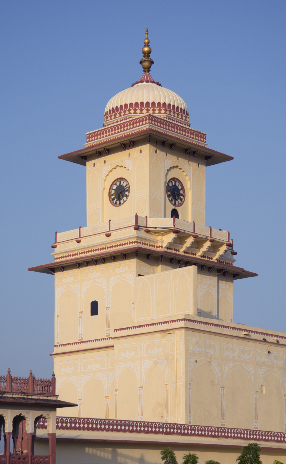 Fig. 4: The clock at the City Palace ghanta ghar has four faces and is housed in the topmost floor of a quadrangular tower. A small wooden door visible under the clock’s southern face allows entry into the clock room